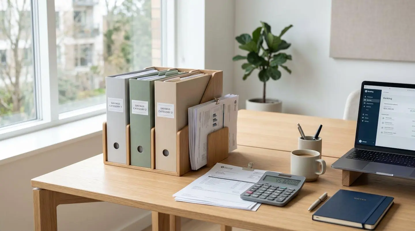Espace de travail organisé avec trois dossiers d'épargne distincts sur un bureau moderne