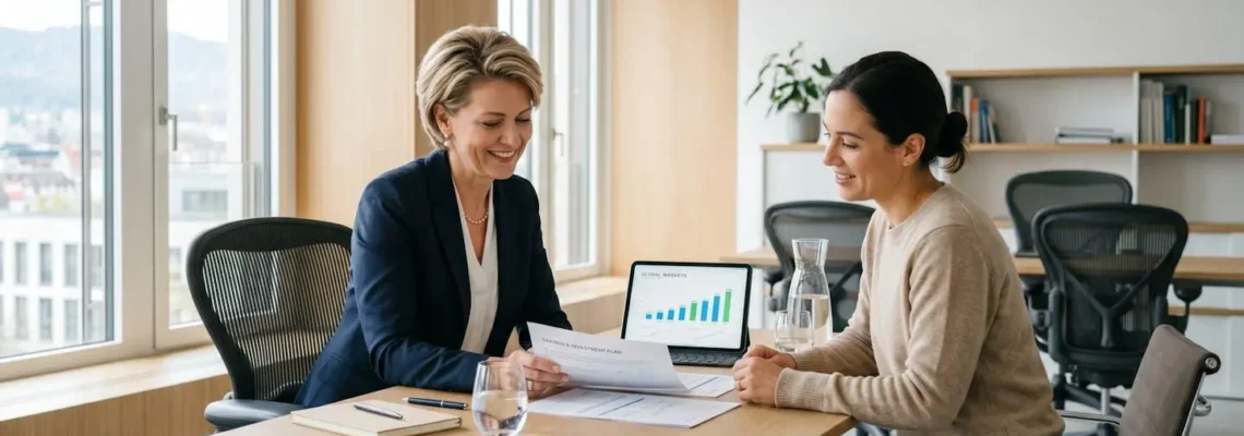 Conseiller bancaire et cliente consultant des documents d'épargne dans un bureau moderne de conseil financier