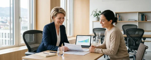 Conseiller bancaire et cliente consultant des documents d'épargne dans un bureau moderne de conseil financier