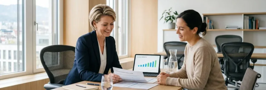 Conseiller bancaire et cliente consultant des documents d'épargne dans un bureau moderne de conseil financier