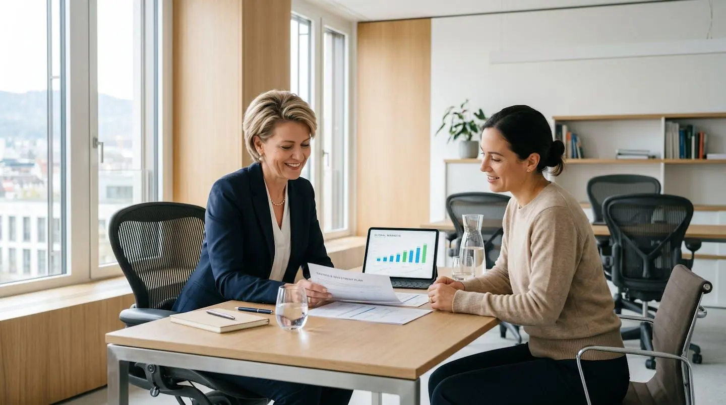 Conseiller bancaire et cliente consultant des documents d'épargne dans un bureau moderne de conseil financier