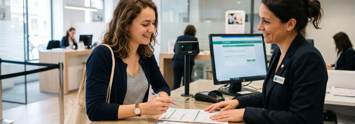 Femme utilisant un distributeur automatique bancaire dans une agence française