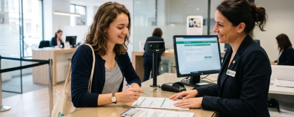 Femme utilisant un distributeur automatique bancaire dans une agence française