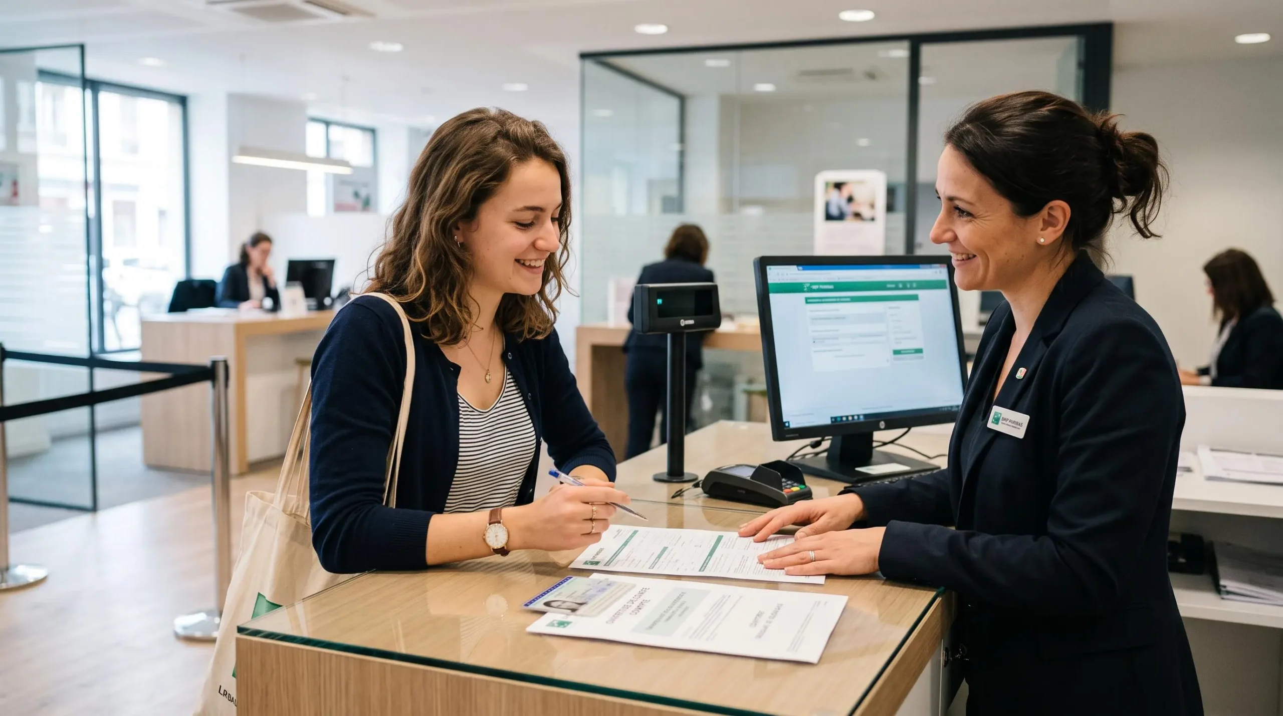 Femme utilisant un distributeur automatique bancaire dans une agence française